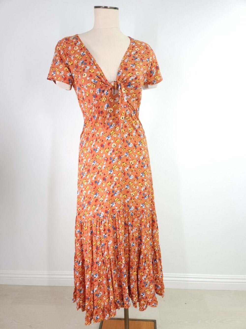Auguste the Label Size 4 Rust Orange Floral Tie Front Tiered Midi Boho Sundress